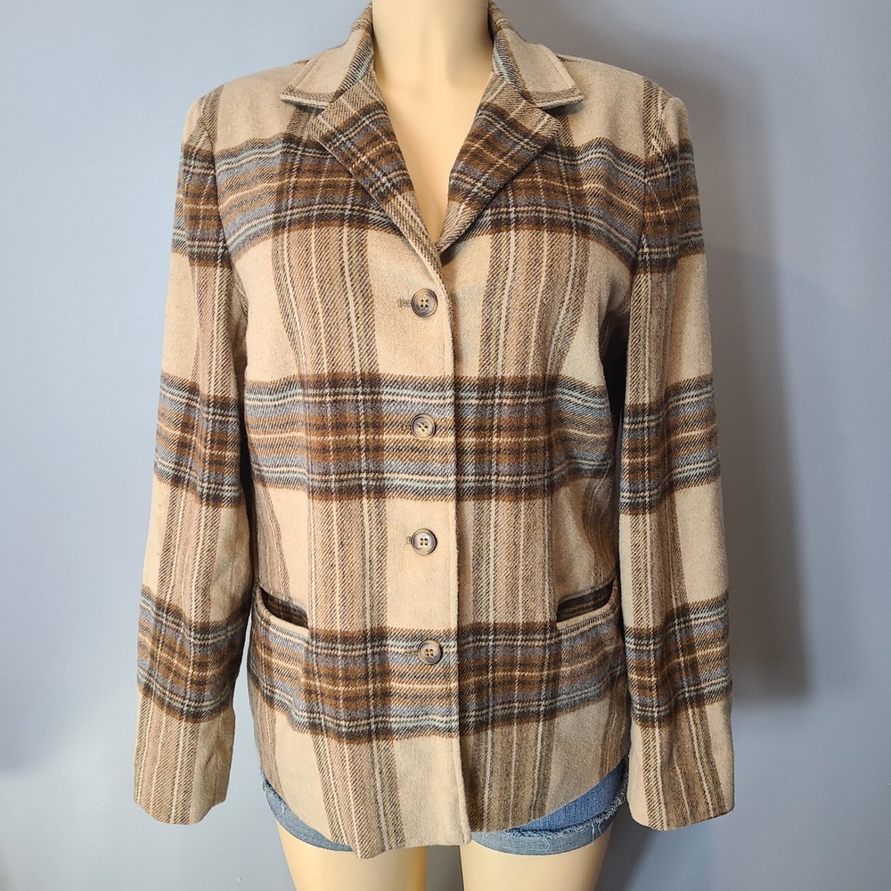 Evan Picone Blazer Womens Size 10 Brown Wool Plaid Pockets Preppy Academia